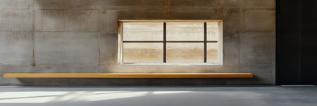 A spacious area showcases a large window allowing daylight to flood in. The minimalist design features a concrete wall and a bright wooden bench creating a tranquil atmosphere.の素材