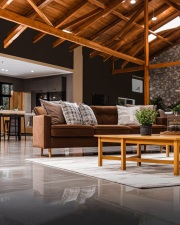 A spacious living room showcasing a brown sofa with decorative pillows a wooden coffee table and a vibrant indoor plant set in a well-lit modern home with high ceilings.の素材