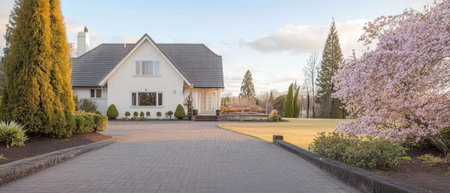 A charming suburban house is set against a backdrop of blooming cherry trees and lush greenery. The scene captures a serene spring afternoon showcasing well-maintained landscaping.の素材