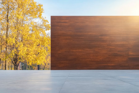 A large wooden wall stands prominently against a backdrop of bright yellow autumn trees under a clear blue sky. Soft sunlight bathes the scene enhancing the colors.の素材