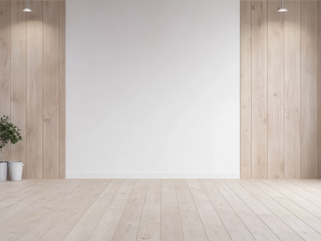 A spacious area features wooden walls and light wooden flooring. Plants in pots add a touch of nature creating a serene atmosphere perfect for minimalistic design.の素材
