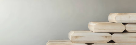 A collection of wooden blocks arranged in a staggered formation showcasing a light tone and set against a smooth neutral background.の素材