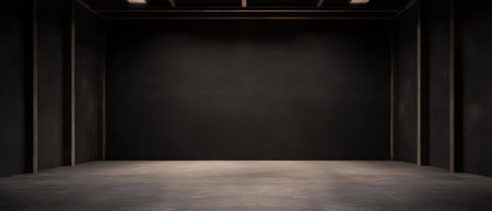 A spacious black studio area features a smooth concrete floor and soft overhead lighting ideal for artistic endeavors performances or product displays. The empty space invites creativity.の素材