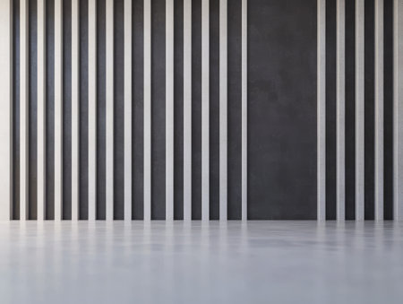 A spacious modern interior features vertical white lines contrasting against a dark wall. The smooth floor reflects the light creating a contemporary atmosphere during daylight.の素材