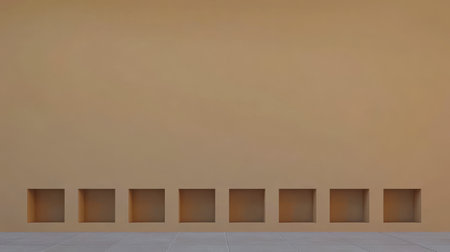 A minimalist wall features eight evenly spaced recessed squares showcasing a smooth surface and warm color. The design emphasizes simplicity and modern aesthetics.の素材