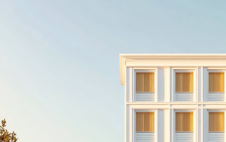 A sleek white structure with large windows catches the warm glow of sunset. The clear blue sky enhances the modern aesthetic reflecting a peaceful urban atmosphere.の素材