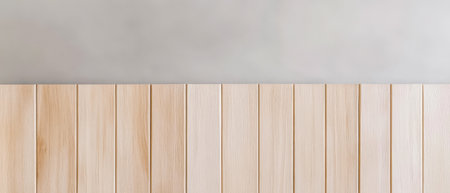 A minimalist design showcases a smooth wooden panel wall with evenly spaced vertical slats. The soft gray background provides a calming contrast ideal for modern interiors and decoration.の素材