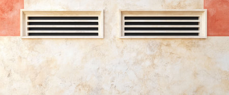 Two decorative window vents are positioned on a textured wall featuring warm colors. The structure showcases a combination of textures and shades creating visual interest and depth.の素材