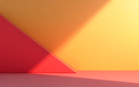 Vibrant triangles in red and yellow hues create a striking composition against a pink base. The interplay of colors and shadows enhances the modern aesthetic of the setting.の素材