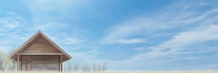 A rustic wooden house is positioned in an open grassy field surrounded by sparse trees. The bright blue sky with soft clouds creates a serene and peaceful atmosphere.の素材