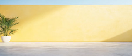 A vibrant yellow wall stands against a clear blue sky complemented by a lush green plant in a white pot. The space is well-lit by daylight creating a cheerful atmosphere.の素材