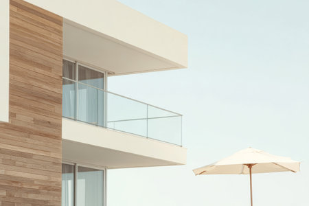 A contemporary building displays a sleek balcony with glass railing complemented by a large umbrella in a bright outdoor area under a clear sky.の素材