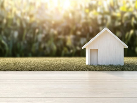 A small white wooden house model sits on a wooden surface surrounded by lush green grass. The warm sunlight casts a gentle glow creating a serene atmosphere perfect for relaxation.の素材
