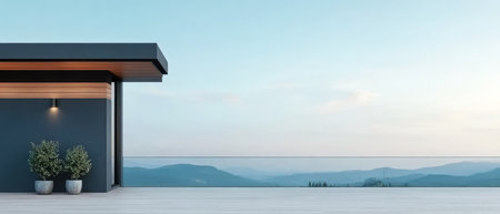 A contemporary building features sleek lines and a spacious terrace overlooking distant mountain ranges. The twilight sky offers a gradient of soft colors enhancing the serene ambiance.の素材