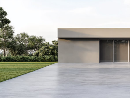 A sleek modern building with a smooth facade stands in a vibrant green yard surrounded by trees. The location showcases the beauty of contemporary architecture blending with nature.の素材