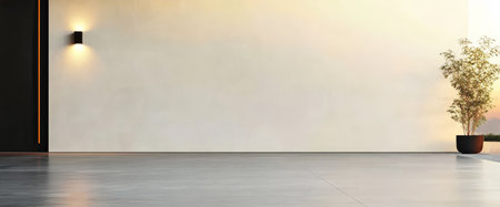 A stylish outdoor area features smooth concrete flooring a large blank wall and subtle wall lighting. A small plant adds a touch of greenery to the serene atmosphere at dusk.の素材