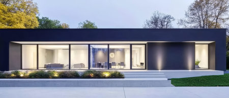 A contemporary house stands illuminated as twilight descends. Large windows reveal a minimalist interior while the surrounding greenery enhances the tranquil atmosphere of the setting.の素材