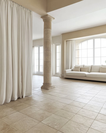 This living area features a white sofa large windows allowing abundant natural light and creamy curtains. The stone column adds character to the open layout creating a peaceful atmosphere.の素材