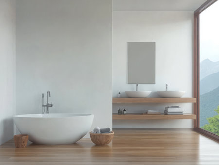 A spacious bathroom showcases a freestanding tub and sleek sinks with wooden countertops. Large windows offer a stunning view of the mountains enhancing the tranquil atmosphere.の素材