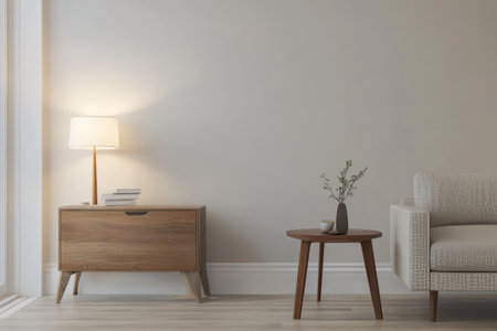 Bright and airy living room features a cozy chair a light wooden cabinet with books a table with a vase and soft lighting enhancing the peaceful atmosphere.の素材