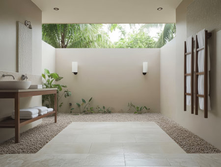 An outdoor spa area showcases smooth stone tiles a wooden vanity and lush greenery. Soft lighting and carefully placed plants create a tranquil and relaxing atmosphere.の素材