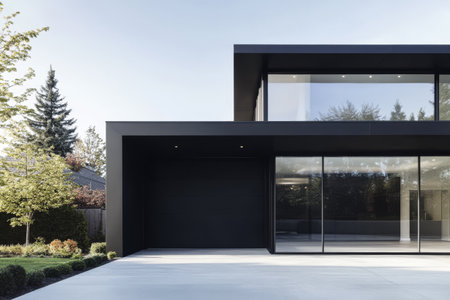 A contemporary house features a striking black facade with expansive glass windows. Surrounding the residence are lush green plants and trees creating a tranquil atmosphere in the yard.の素材