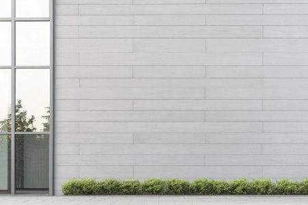 A contemporary building features a sleek glass wall alongside a smooth stone facade. Neatly trimmed greenery lines the ground adding a touch of nature to the urban landscape.の素材