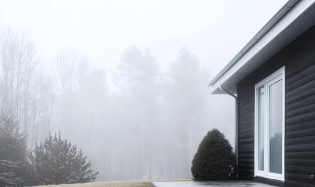 A modern black house sits quietly amidst a thick fog blending seamlessly with the serene forest backdrop. The atmosphere evokes a peaceful and calm morning inviting reflection.の素材