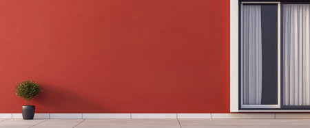 A striking red wall stands prominently with a large window showcasing sheer curtains. A small potted plant adds a touch of greenery to the minimalist outdoor area during daylight.の素材