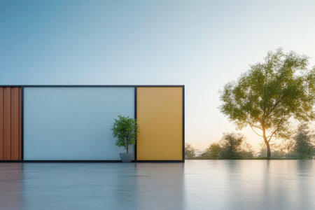 A sleek modern structure in calming colors stands against a clear sky at sunset. A single tree and potted plant add a touch of nature creating a serene atmosphere in the environment.の素材