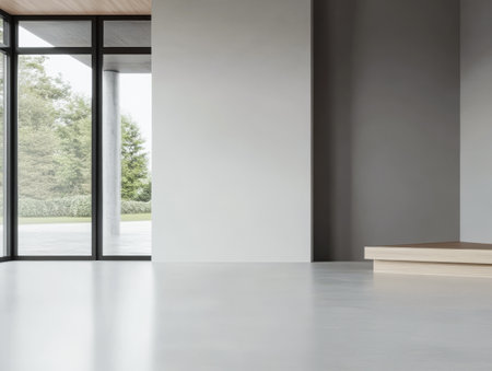 Bright airy interior features large windows showcasing greenery outside. The minimalist design emphasizes clean lines with neutral colors and a wooden platform enhancing the tranquil atmosphere.の素材