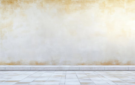 A spacious area features a light beige wall with subtle texture and a smooth tiled floor. The simplicity of the environment creates a versatile setting ideal for photography exhibitions or display.の素材