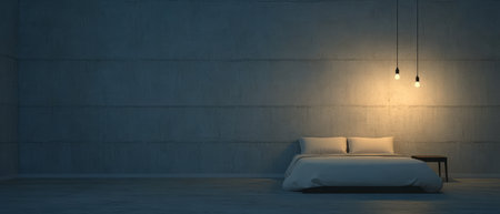 A spacious minimalist bedroom features a large bed with white bedding positioned against a concrete wall. Soft hanging lights provide a warm glow creating a serene atmosphere at night.の素材