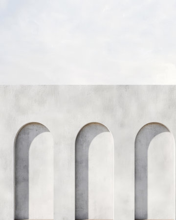 A striking architectural structure showcases several smooth curved arches against a clear sky. The minimalist design emphasizes light and shadow creating a serene atmosphere.の素材