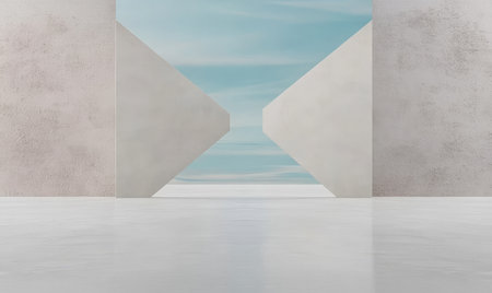 Large geometric openings in sleek walls create a modern interior space that offers a breathtaking view of the ocean under a clear blue sky during daylight.の素材