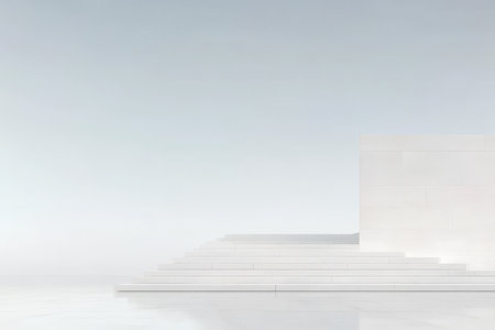 A minimalist architectural space features smooth white surfaces and softly illuminated steps. The area promotes a calming atmosphere with its simple yet elegant design, enhancing tranquility.の素材