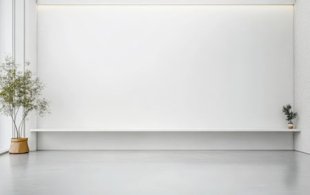 Bright, spacious interior features a large white wall with minimal decorations. Two small plants sit on a sleek ledge, enhancing the modern aesthetic of the environment.の素材