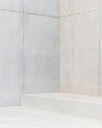 A bright and spacious area showcases an interplay of light and shadow on minimalist concrete walls and steps. The design emphasizes simplicity and clean lines, creating a tranquil ambiance.の素材