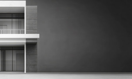 The structure showcases sleek architectural lines with a gray facade and simple balcony design, illuminated by ample daylight. It emphasizes a contemporary aesthetic with a spacious feeling.の素材