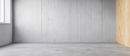 A spacious room features grey wooden paneling on one wall and a light wood texture on another. The concrete floor and large windows create a bright, open atmosphere perfect for various uses.の素材