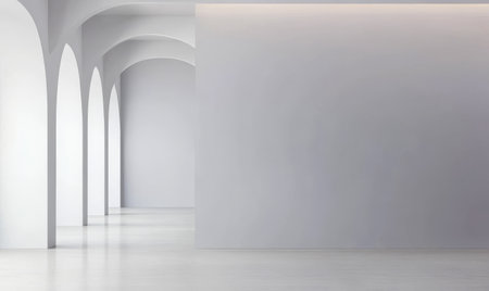 A bright, minimalist interior space features tall arches and smooth white walls. Natural light floods the area, highlighting the clean lines and simplicity of the design, creating a serene atmosphere.の素材