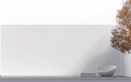 A spacious outdoor area features a sleek, curved seating design near a wall, complemented by a solitary tree. The scene is bright and minimalist, evoking a tranquil atmosphere during midday.の素材