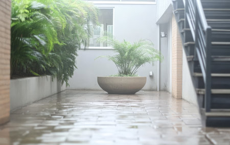 A serene courtyard showcases a large round planter filled with vibrant green plants. Wet tiles reflect the greenery, complemented by a stairway leading up to a building.の素材