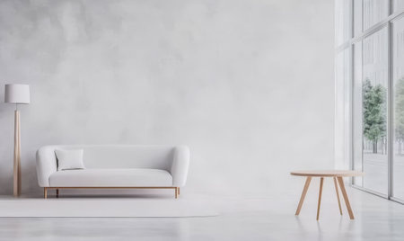 This living room showcases a minimalistic aesthetic with a white couch and wooden side table against a light gray wall. Large windows provide ample natural light and a view of greenery outside.の素材
