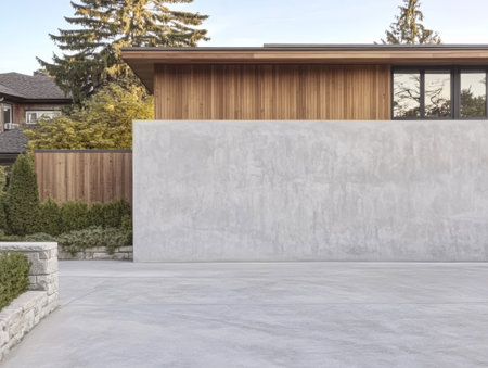 A contemporary house features a smooth concrete wall alongside warm wooden elements in a quiet residential area. The well-maintained landscaping complements the modern design.の素材
