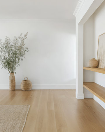 A bright and airy living space features light wood flooring, a woven basket, and a tall vase with fresh greenery. The decor is simple and emphasizes natural elements and tranquility.の素材