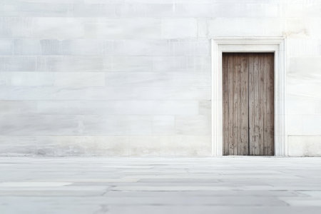 A simple wooden door stands against a smooth white wall, creating a striking contrast. The clean lines and minimalistic design evoke a sense of calm and simplicity in the architecture.の素材