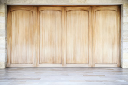 The wooden entrance features three smooth panels with a refined finish, blending seamlessly with the surrounding stone wall. The ambiance is modern and inviting.の素材