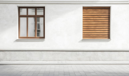 The exterior features a clean, minimal design with a white wall and a wooden slat window. Natural light enhances the simplicity of the architecture in an urban setting.の素材