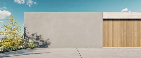 A minimalist structure showcases a blend of concrete and wood materials, surrounded by soft greenery and blue skies. This setting highlights contemporary design and tranquility in a serene location.の素材